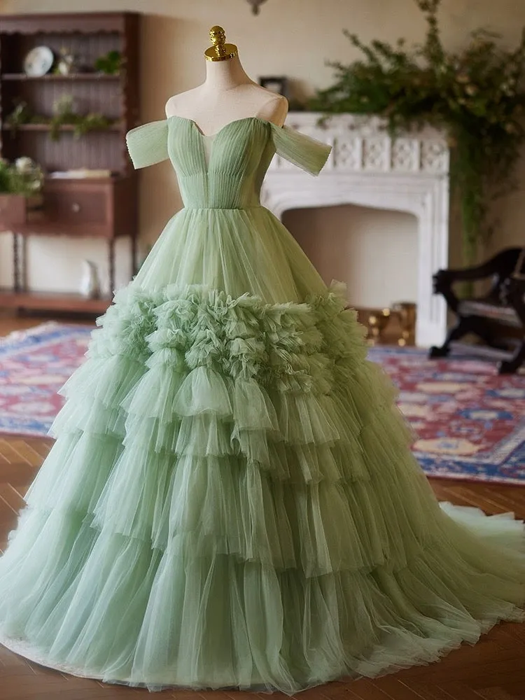 A-Line Off Shoulder Sweetheart Neck Tulle Green Long Prom Dress