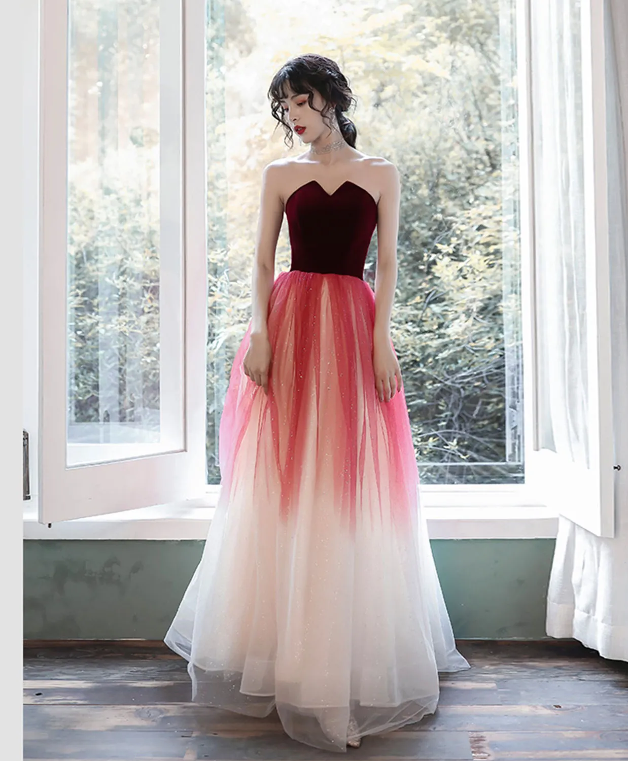 A-Line Tulle Burgundy Long Prom Dresses, Burgundy Formal Party Dress