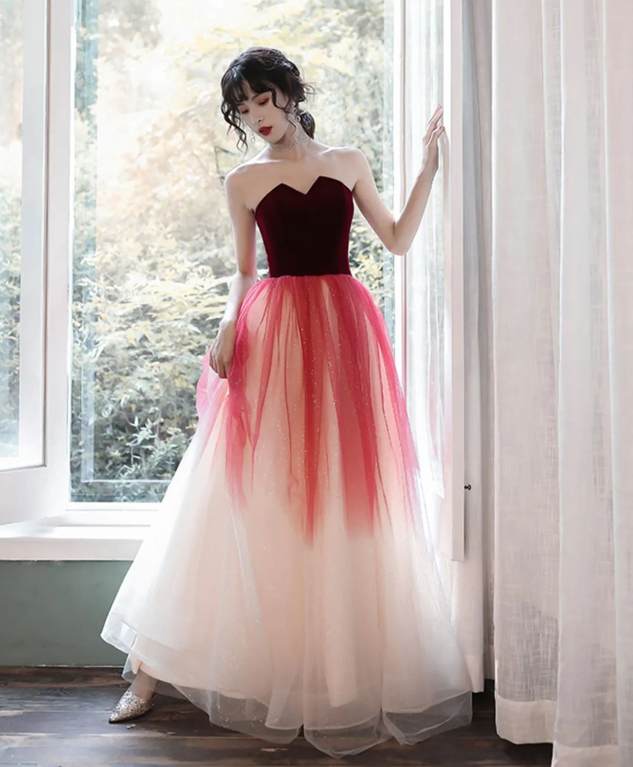 A-Line Tulle Burgundy Long Prom Dresses, Burgundy Formal Party Dress