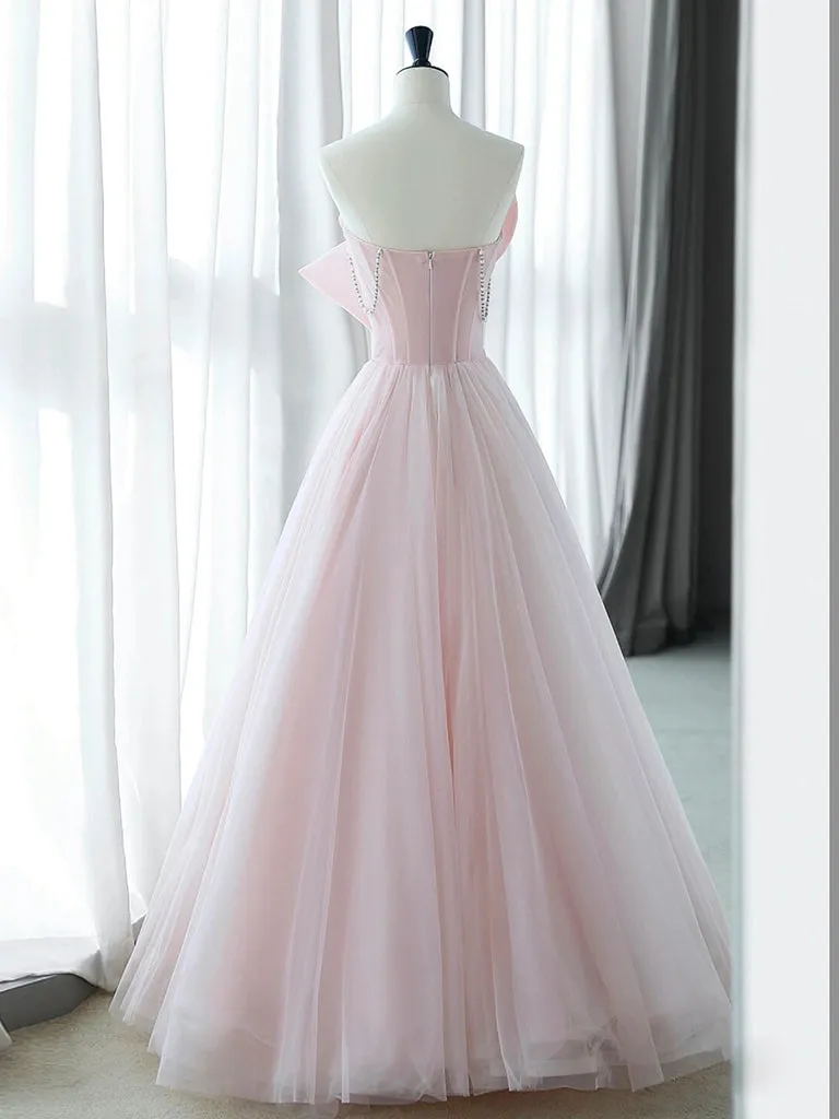 A-Line Tulle Pink Long Prom Dress, Pink Long Formal Dress