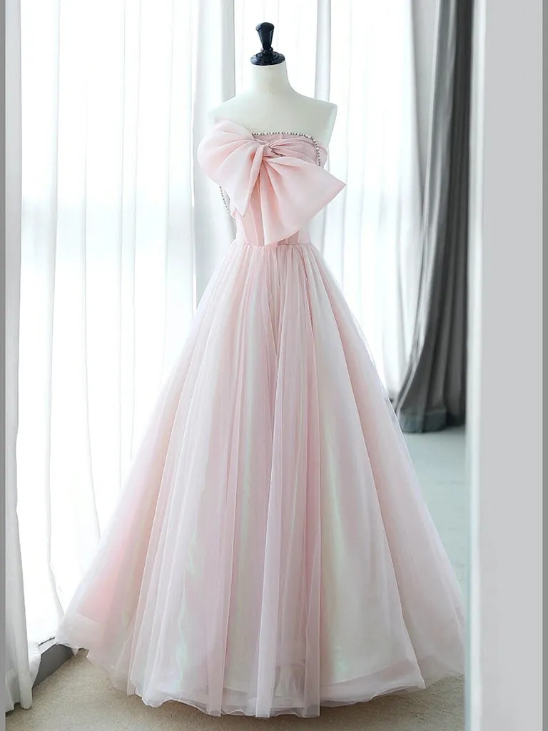 A-Line Tulle Pink Long Prom Dress, Pink Long Formal Dress