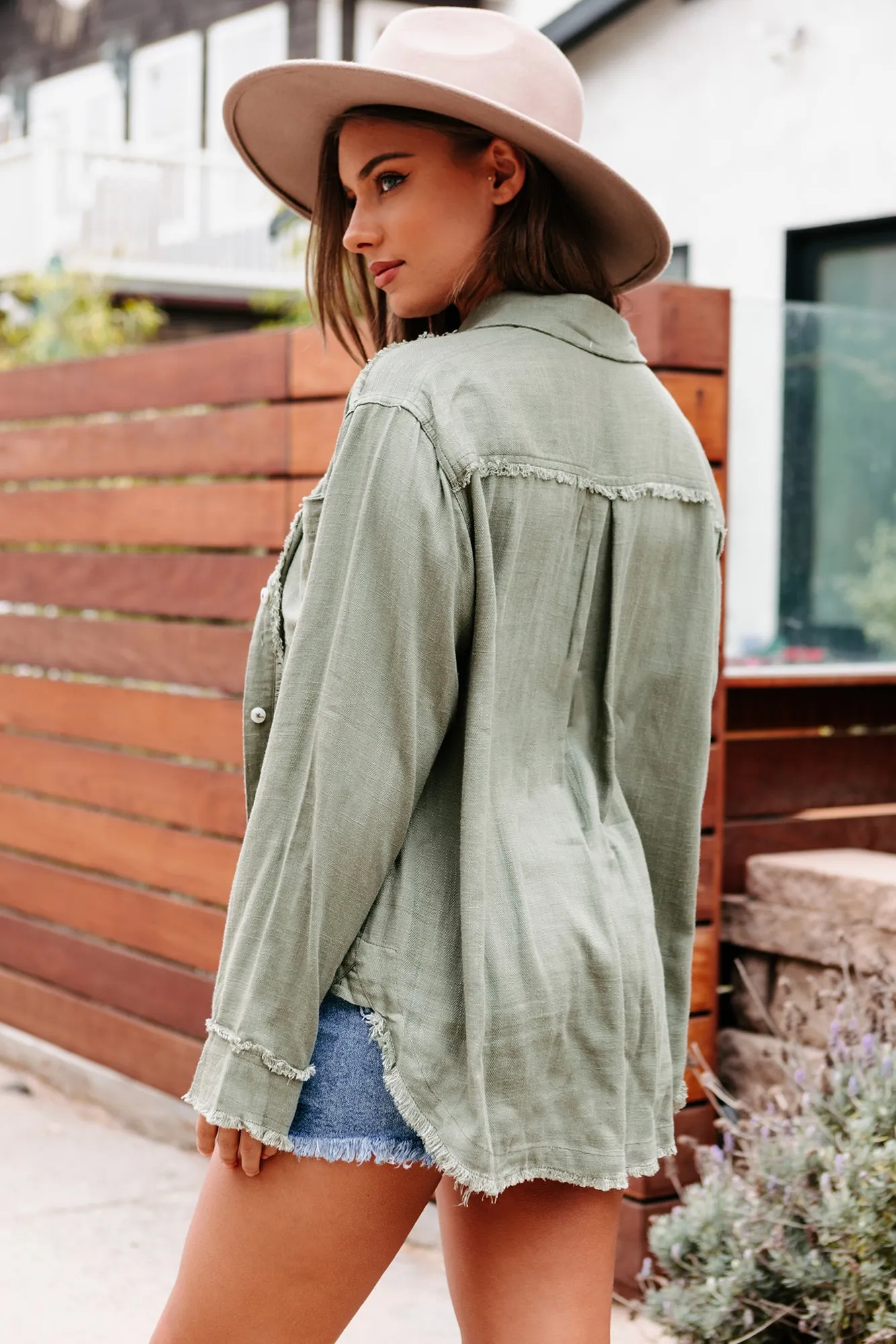 Add An Edge Raw Hem Button Down Tunic Top (Light Olive)