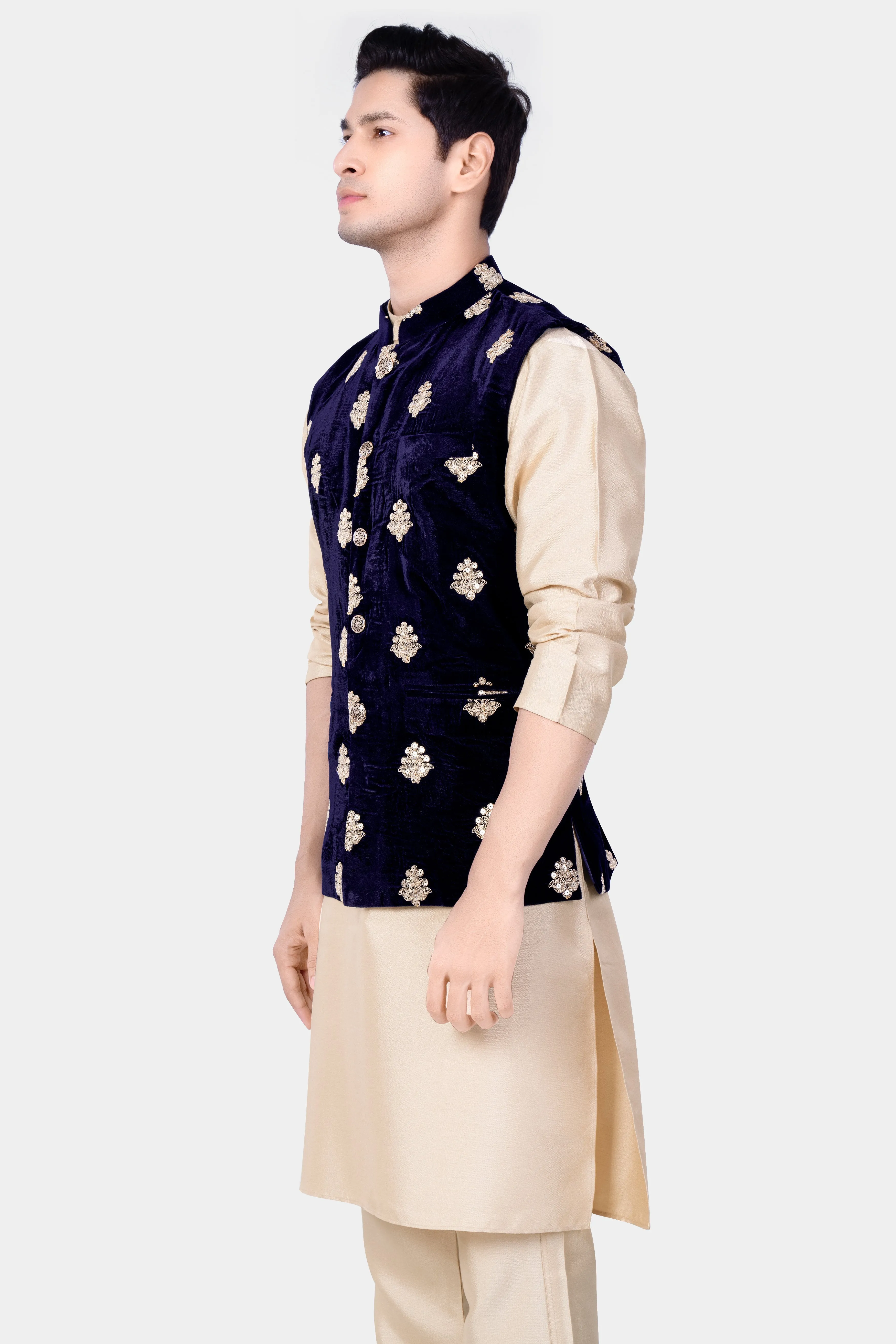 Almond Brown Kurta Set With Cinder Blue Designer Velvet Sequin And Thread Embroidered Nehru Jacket