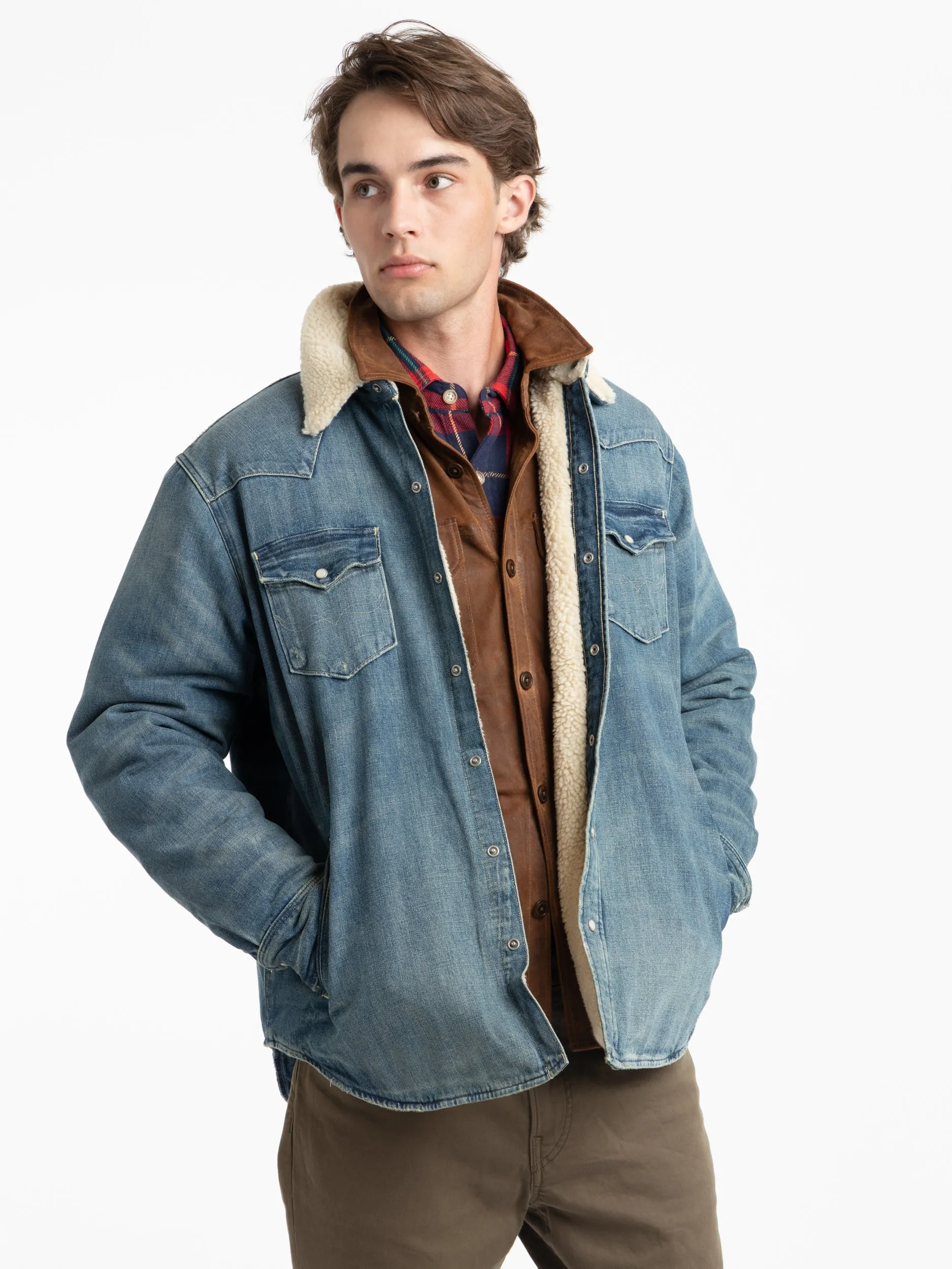 Blue Fleece-Lined Denim Western Shirt Jacket