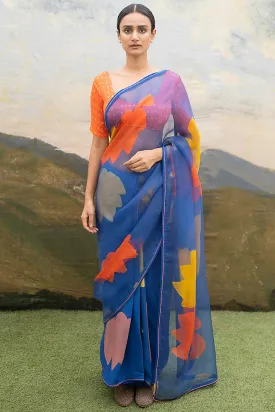 Blue Hand Block Saree