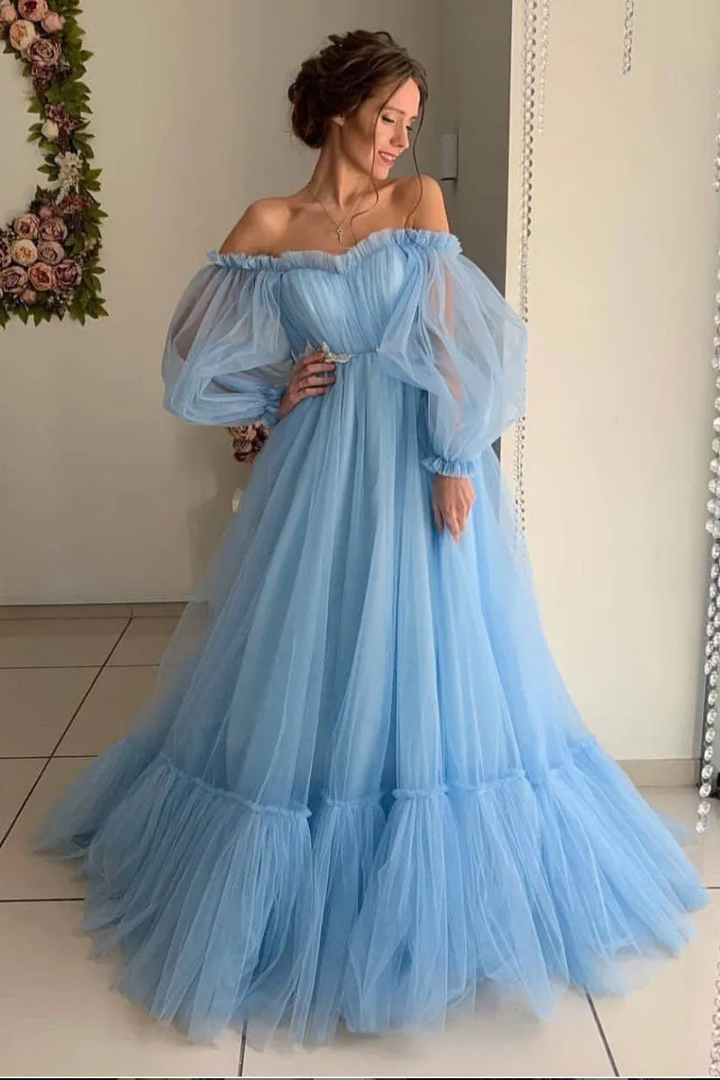 Blue tulle long prom dress, blue tulle evening dress