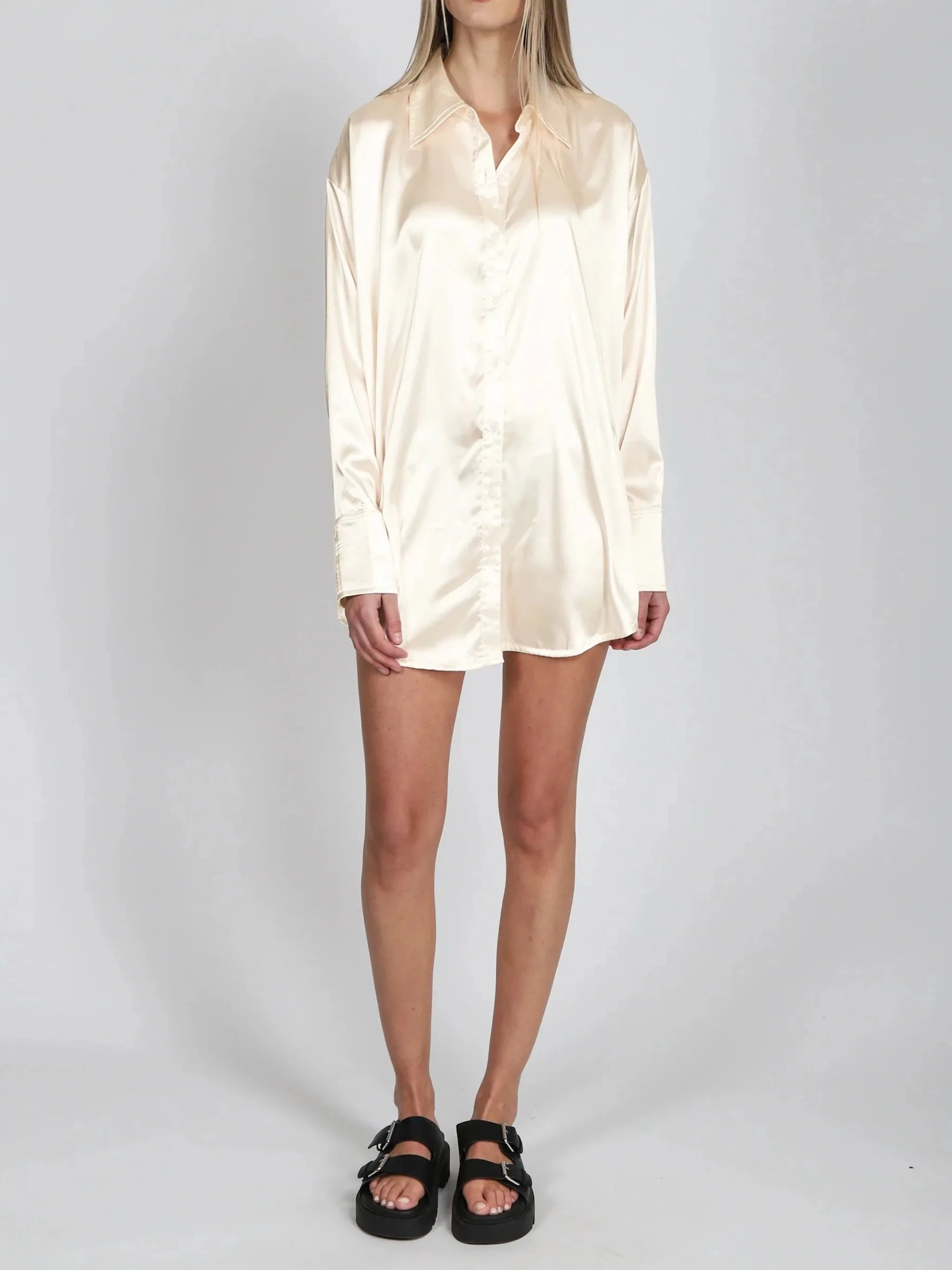 Brunette The Label Silk Button Up Dress- Almond Milk