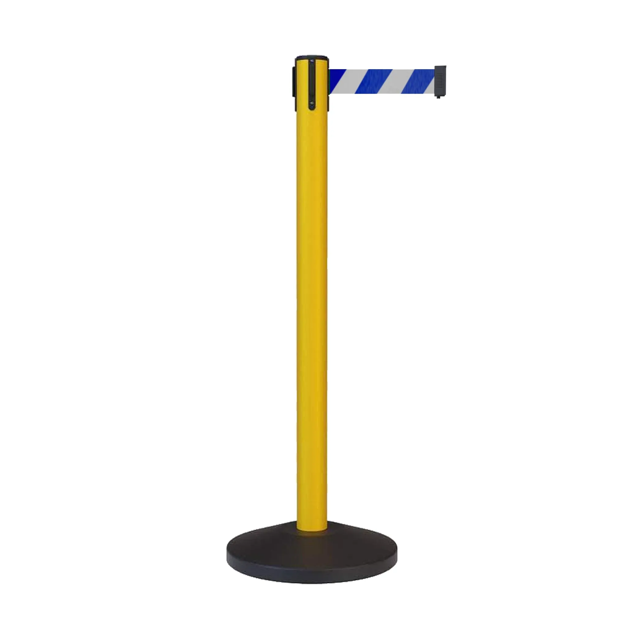 CCW Series RBB-100 Retractable Belt Barrier Stanchion, Sloped Base, Yellow Post - 11 ft. Belt