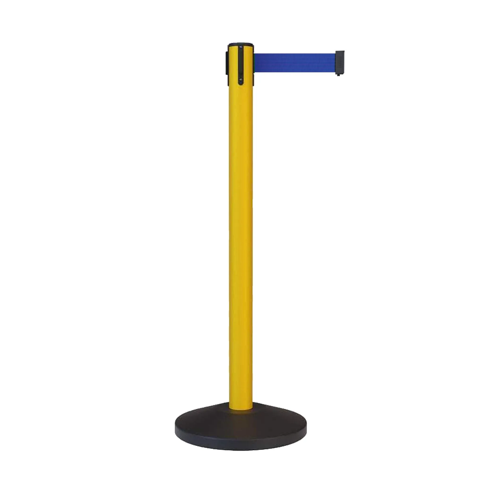 CCW Series RBB-100 Retractable Belt Barrier Stanchion, Sloped Base, Yellow Post - 7.5 ft. Belt