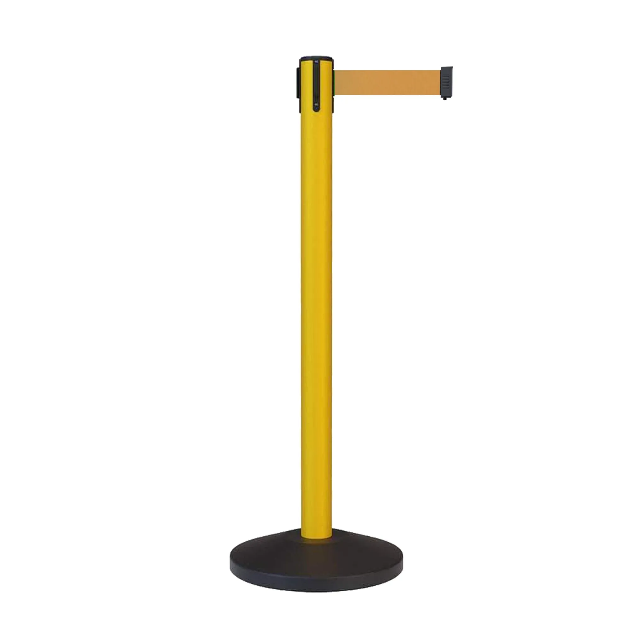 CCW Series RBB-100 Retractable Belt Barrier Stanchion, Sloped Base, Yellow Post - 7.5 ft. Belt