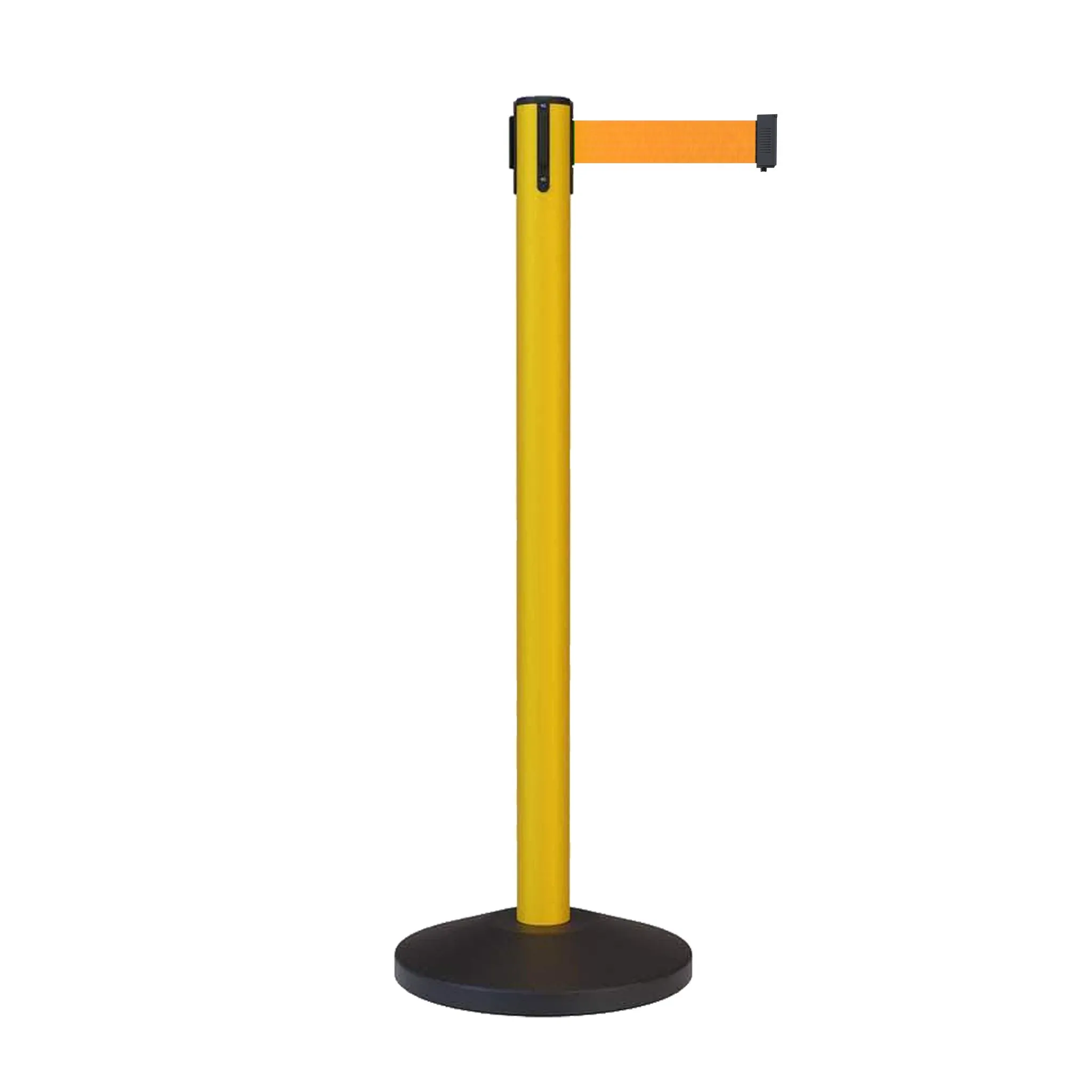 CCW Series RBB-100 Retractable Belt Barrier Stanchion, Sloped Base, Yellow Post - 7.5 ft. Belt