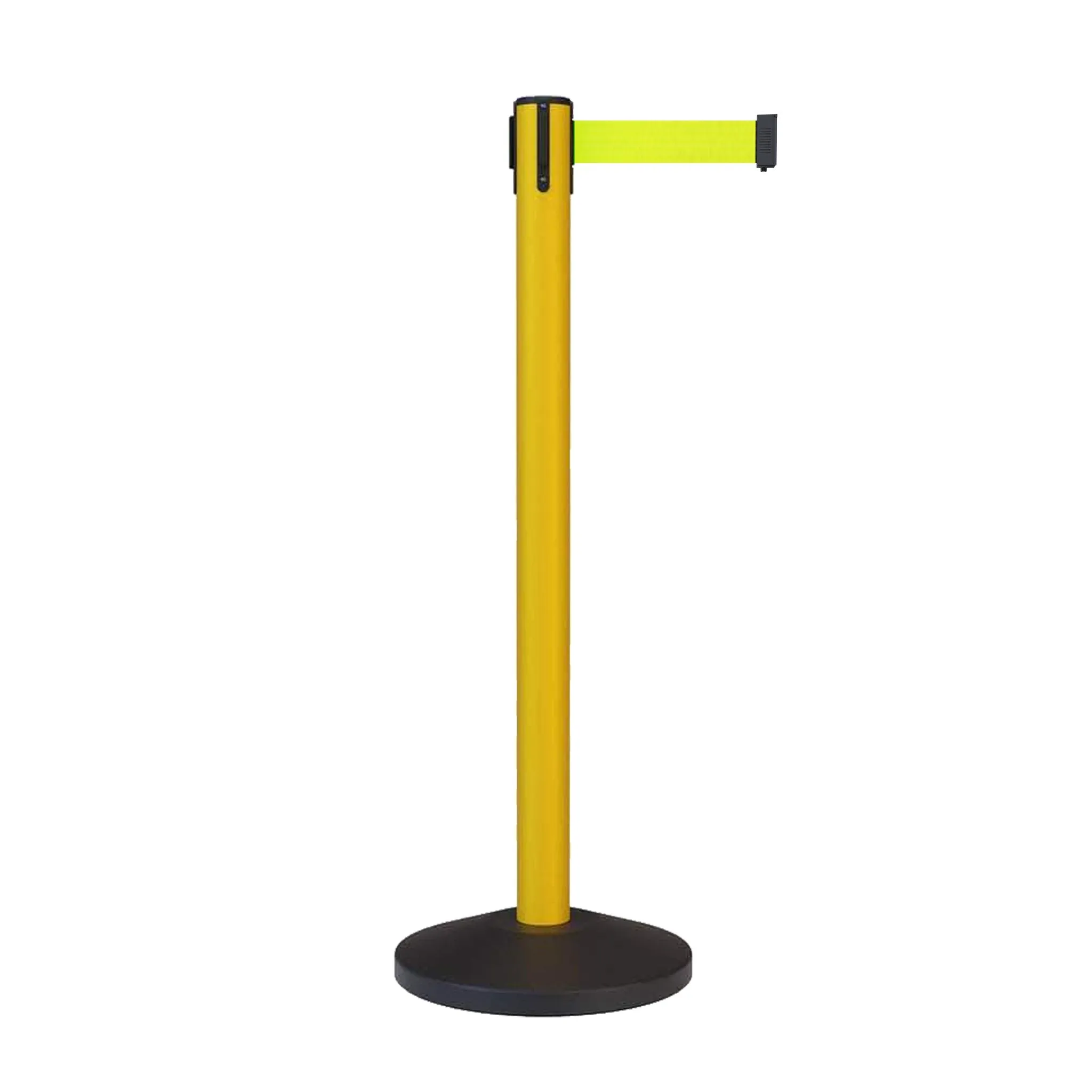 CCW Series RBB-100 Retractable Belt Barrier Stanchion, Sloped Base, Yellow Post - 7.5 ft. Belt