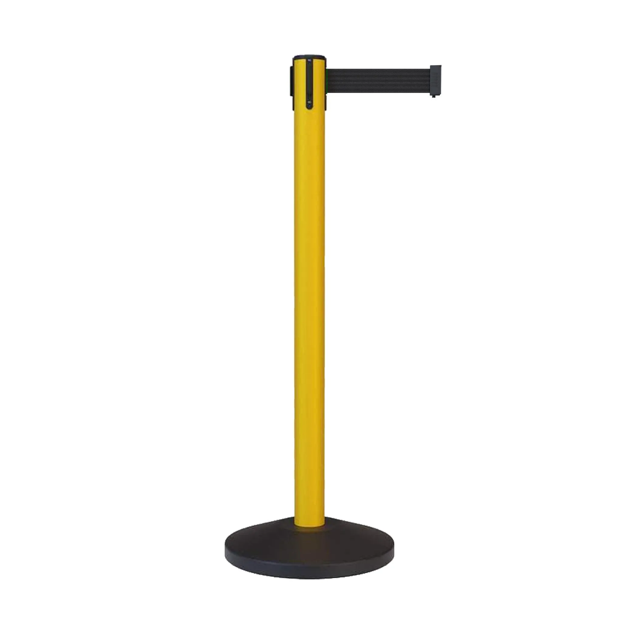 CCW Series RBB-100 Retractable Belt Barrier Stanchion, Sloped Base, Yellow Post - 9 ft. Belt