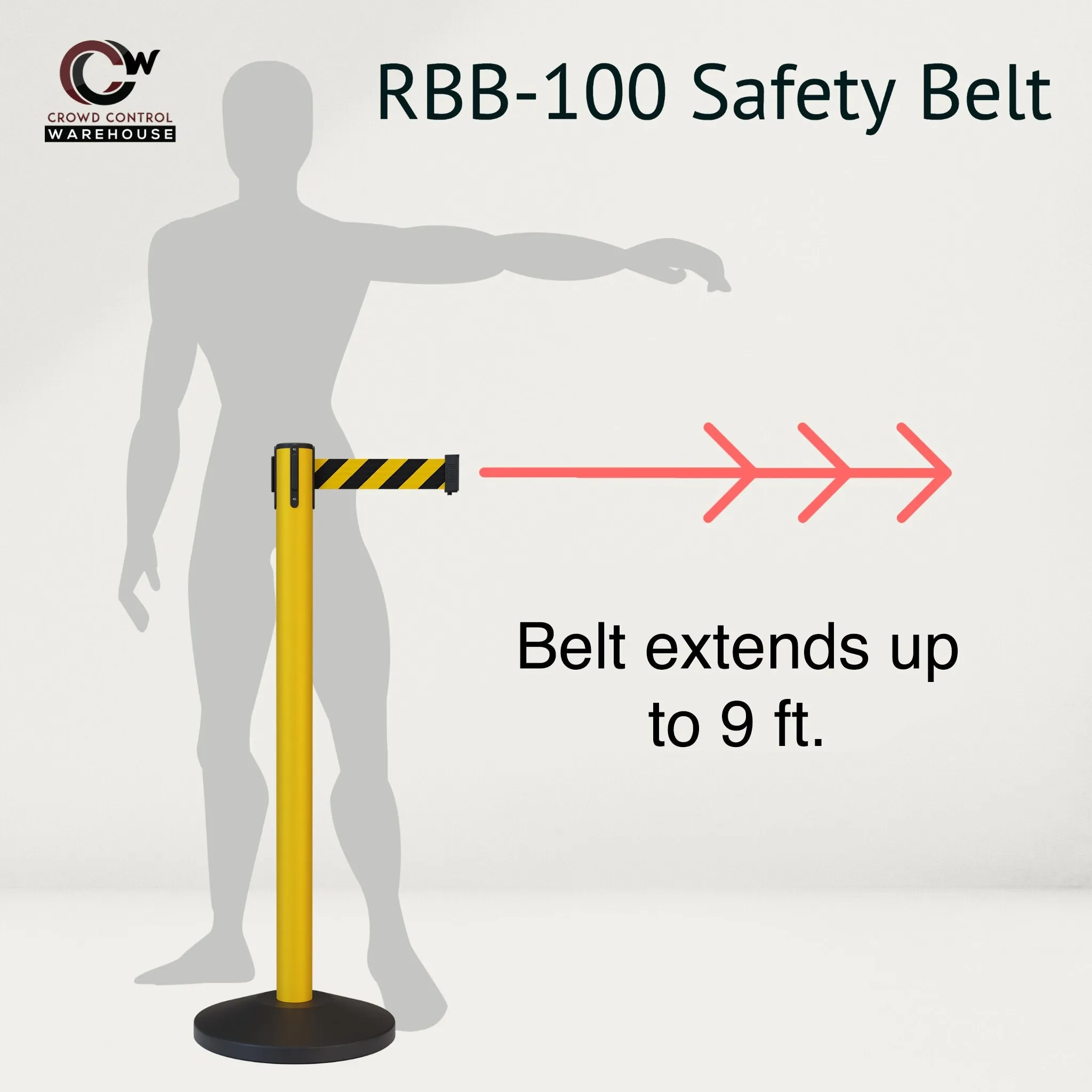 CCW Series RBB-100 Retractable Belt Barrier Stanchion, Sloped Base, Yellow Post - 9 ft. Belt