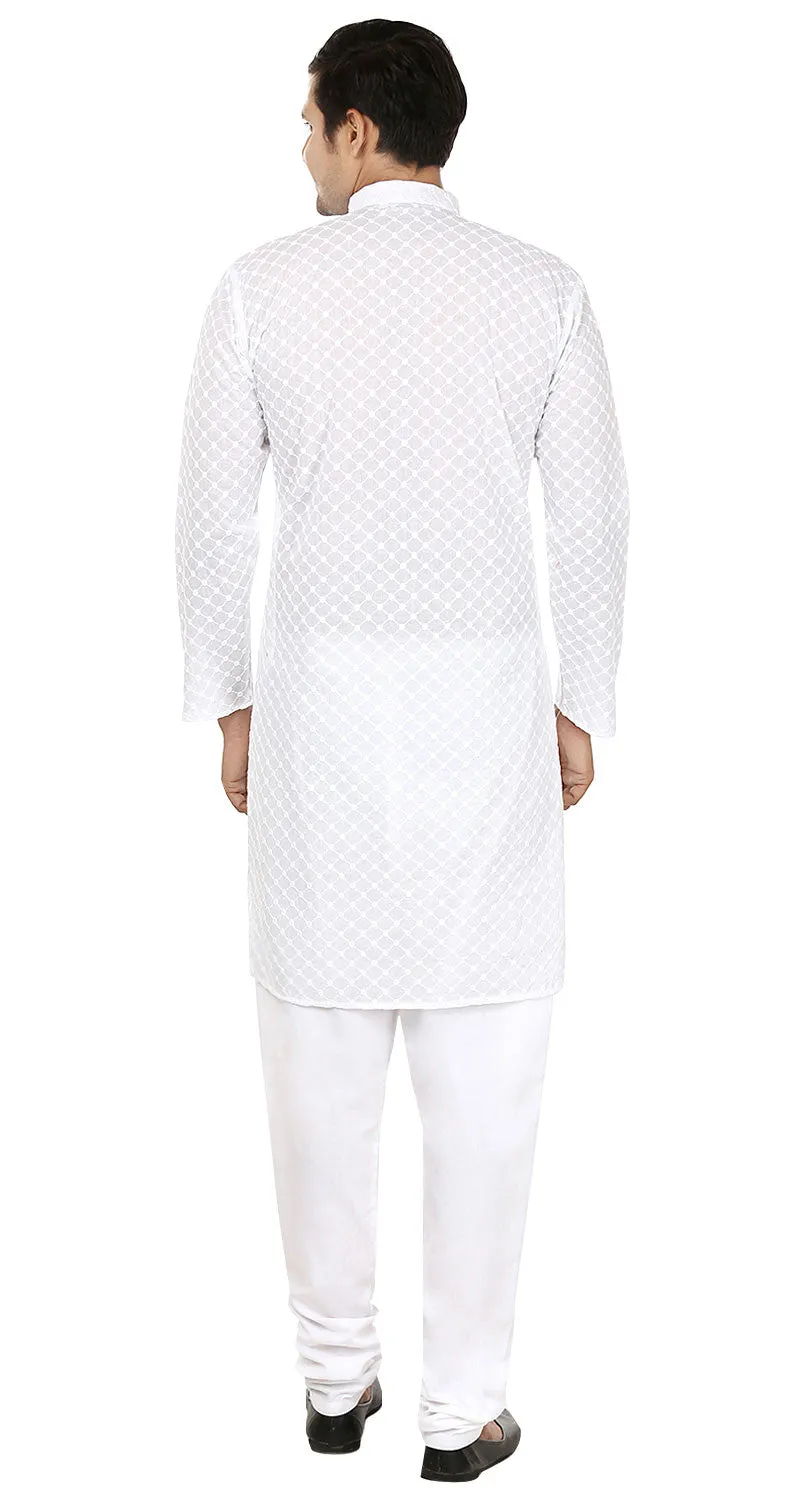 Chikan Embroidered Cotton Men's Kurta Pajama Indian Clothes (White)