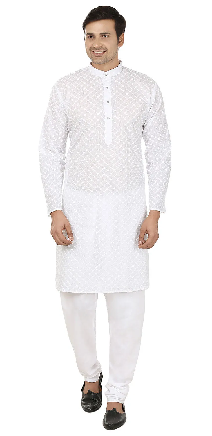 Chikan Embroidered Cotton Men's Kurta Pajama Indian Clothes (White)