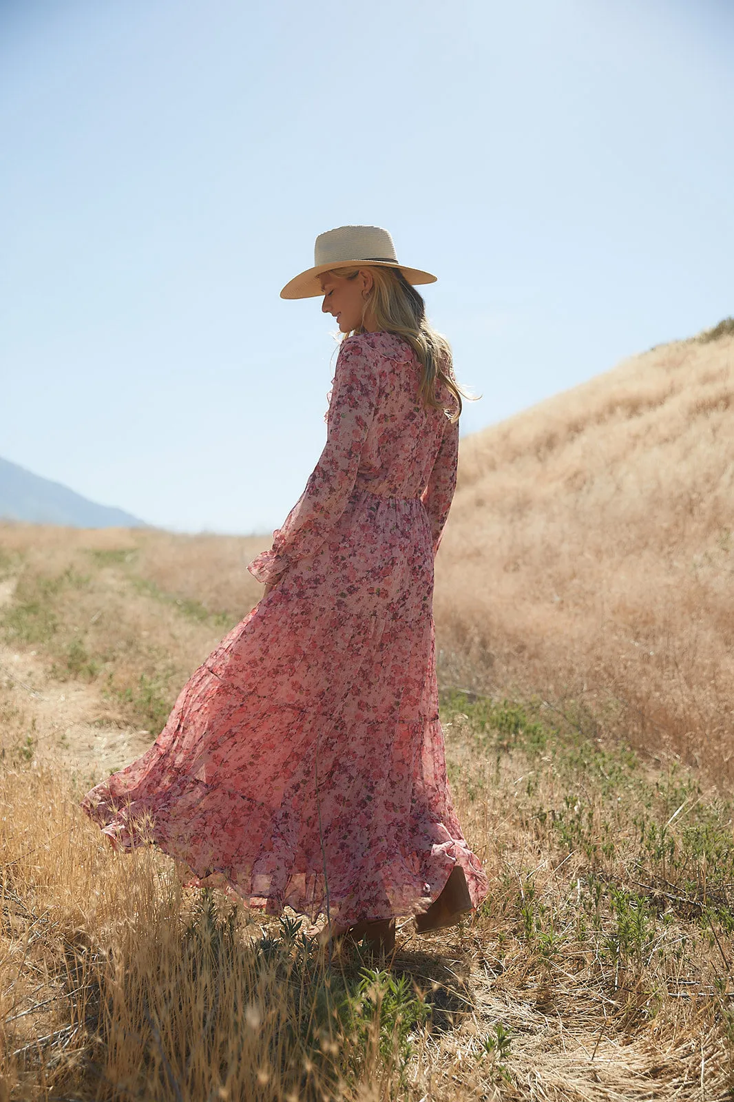 Desert Rose Print Ruffled Maxi Dress