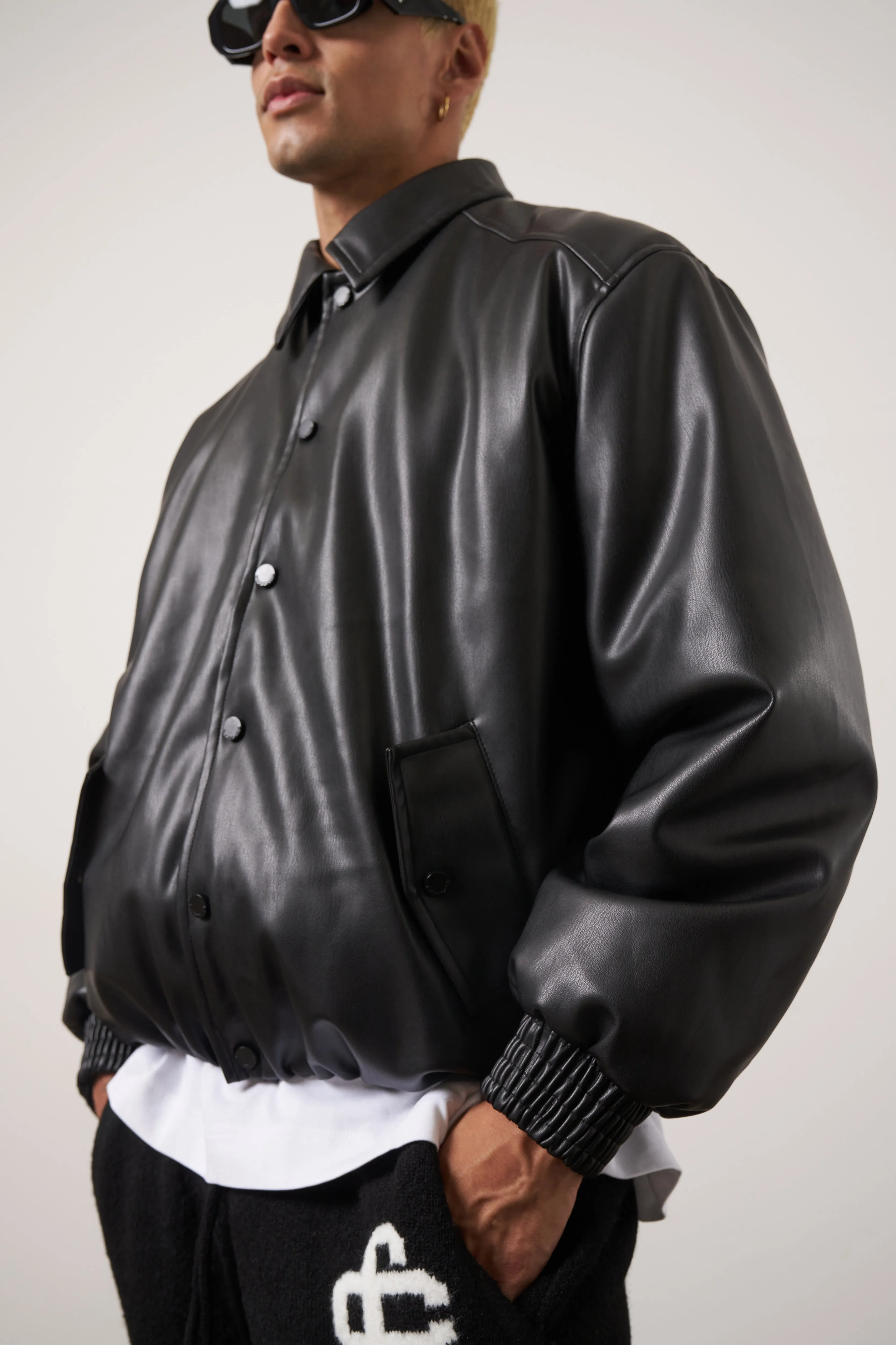 FAUX LEATHER BOMBER - BLACK