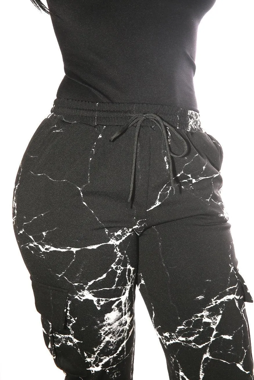 Fleece Lined Cargo Sweatpants - Black & White Marble