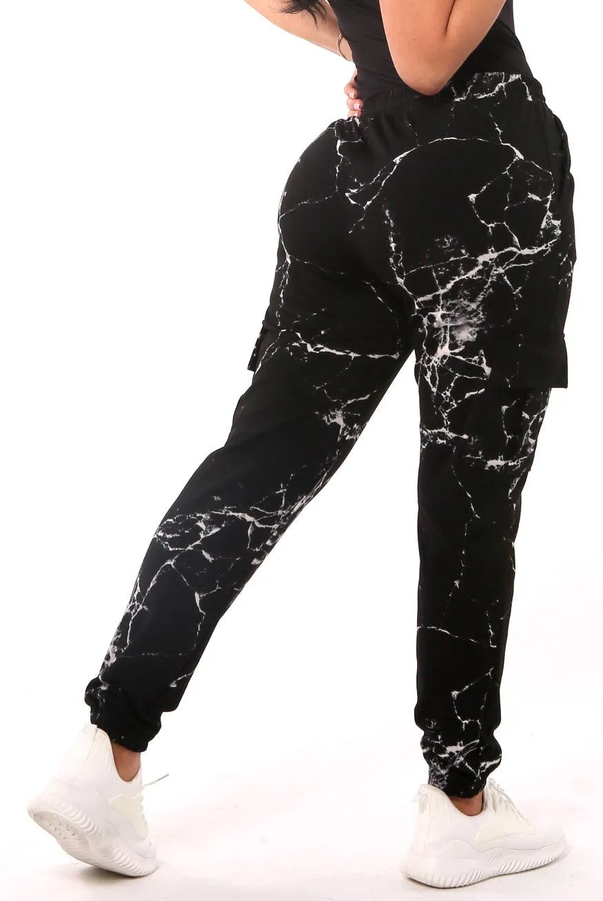 Fleece Lined Cargo Sweatpants - Black & White Marble