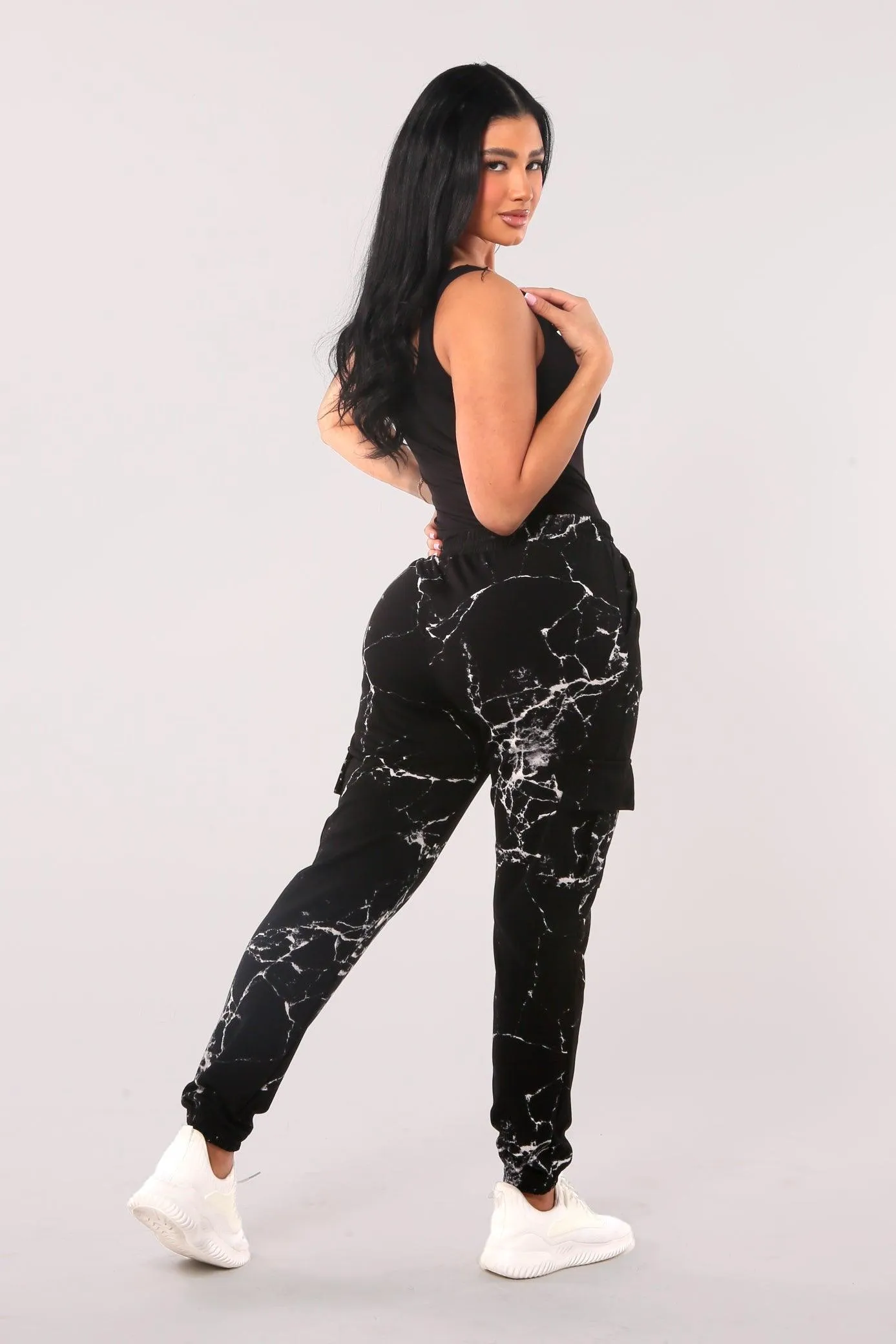 Fleece Lined Cargo Sweatpants - Black & White Marble