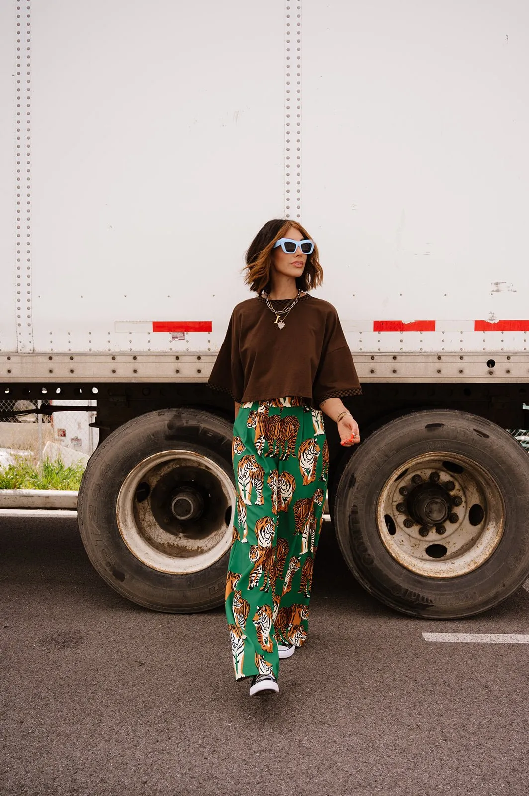 Frankie Cropped Tee in Chocolate Brown   Checkerboard