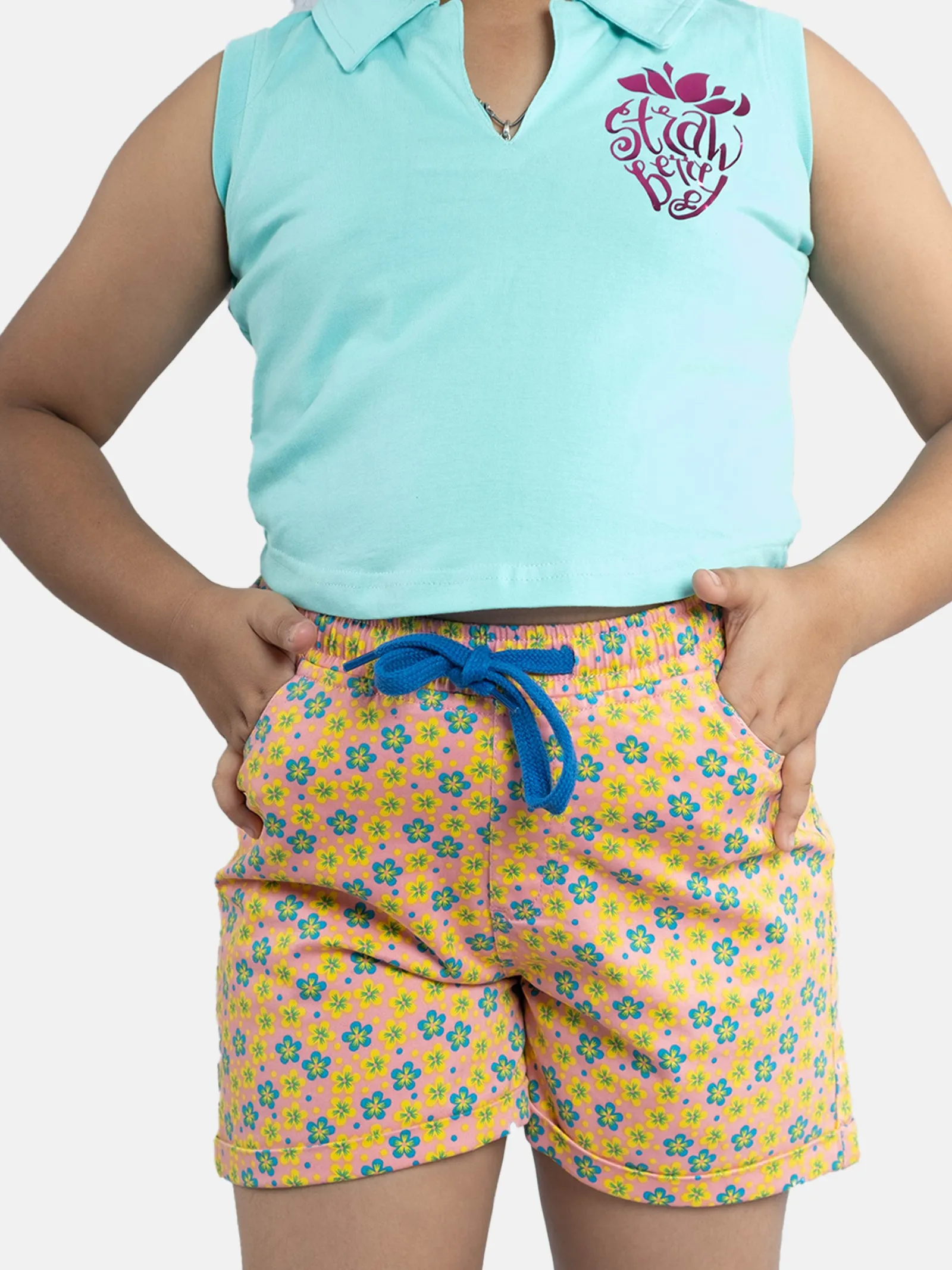 Girls Cropped Applique Print Polo Tee & Rollup Hot Shorts Sets