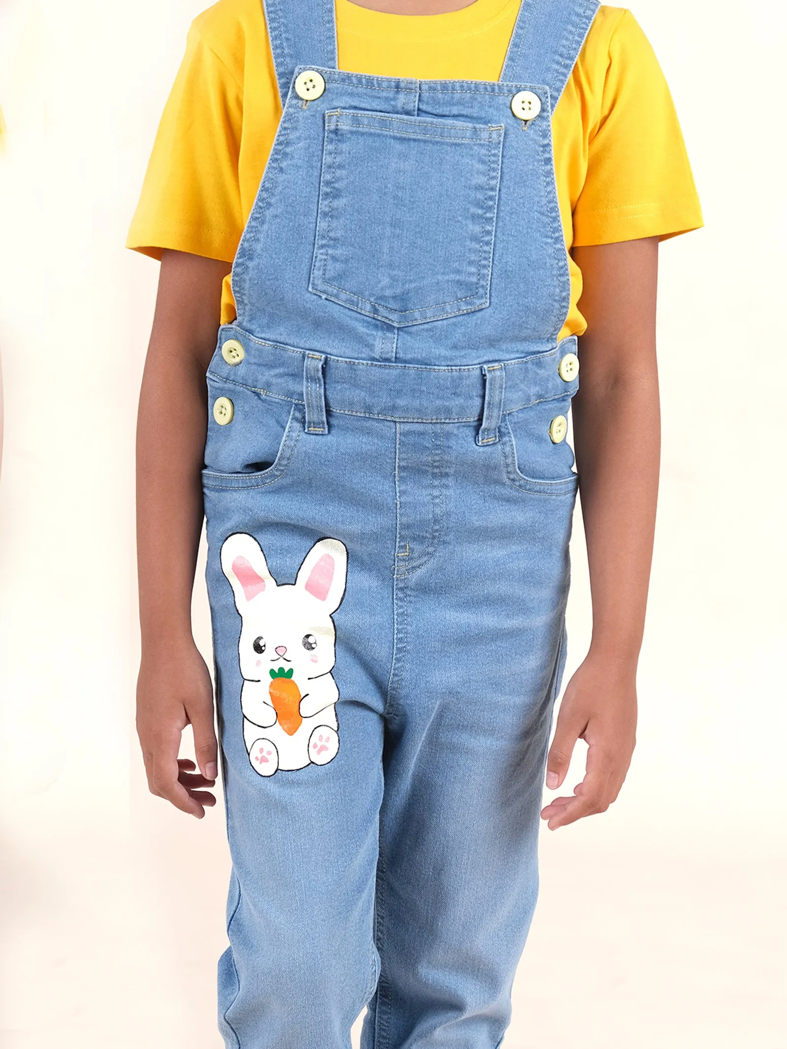 Girls Denim Dungaree Pant With Print