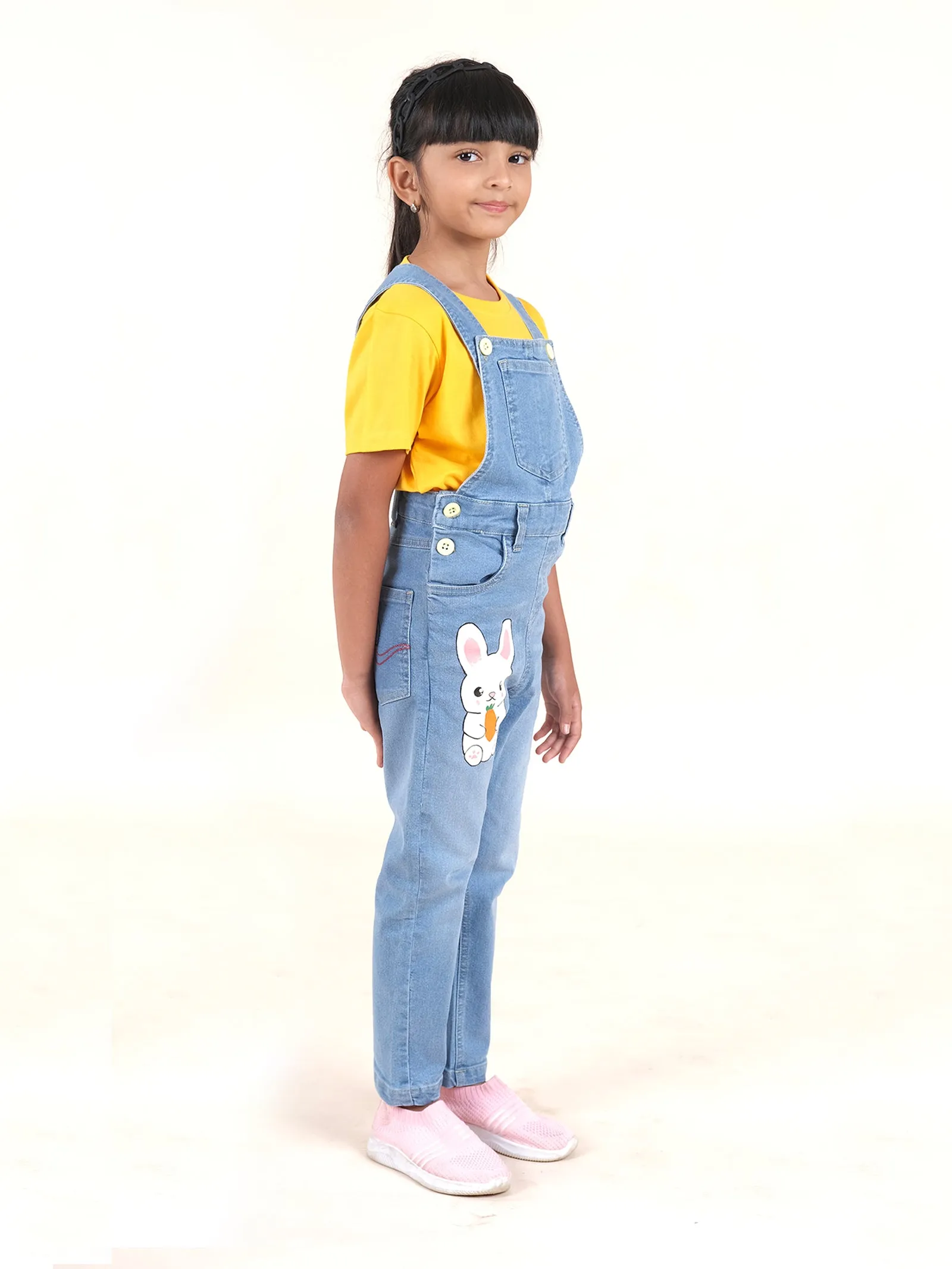 Girls Denim Dungaree Pant With Print