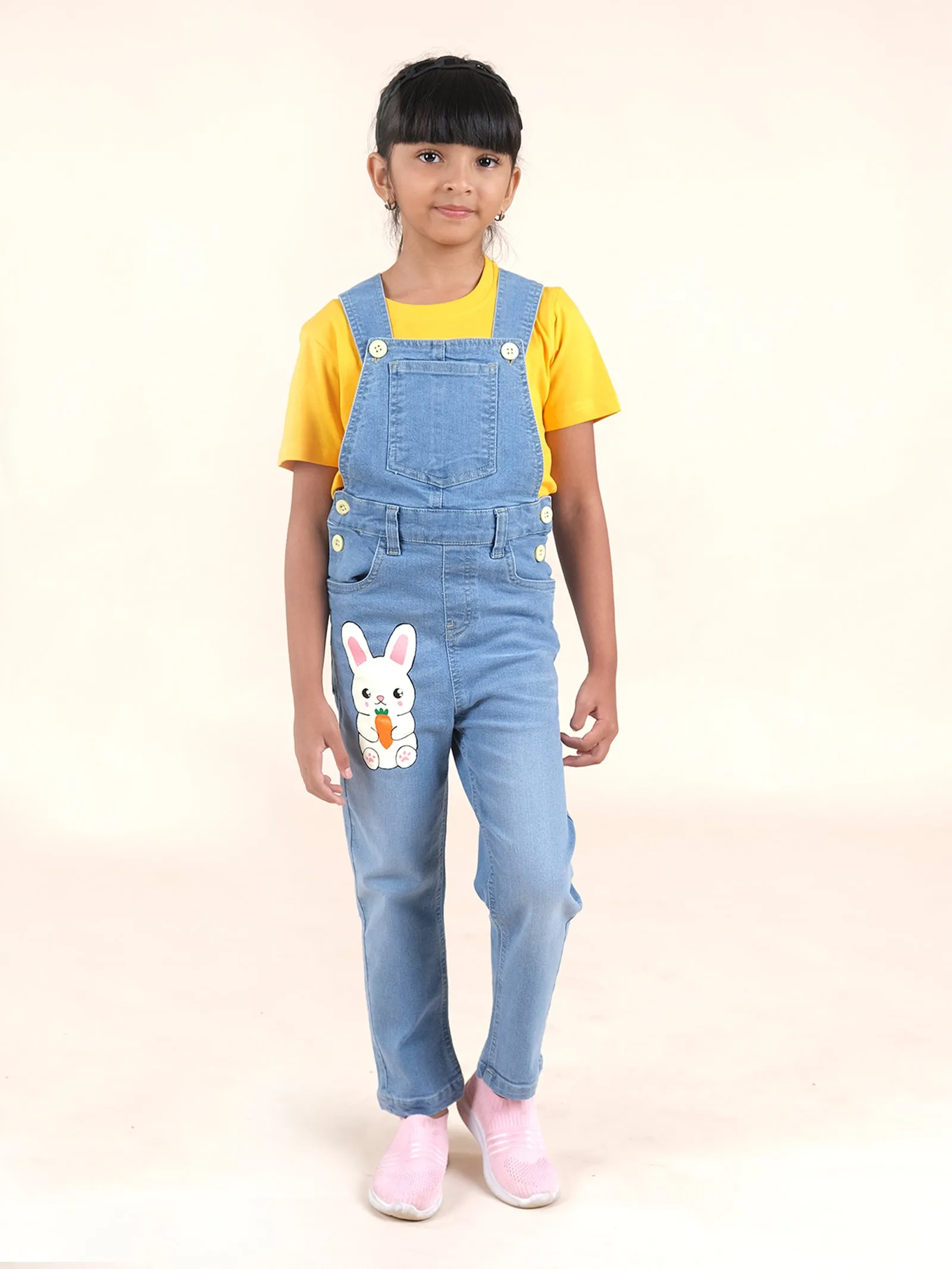 Girls Denim Dungaree Pant With Print