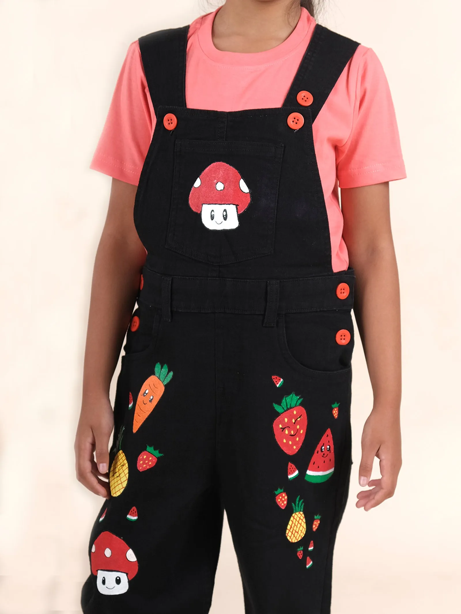 Girls Denim Dungaree Pant With Print