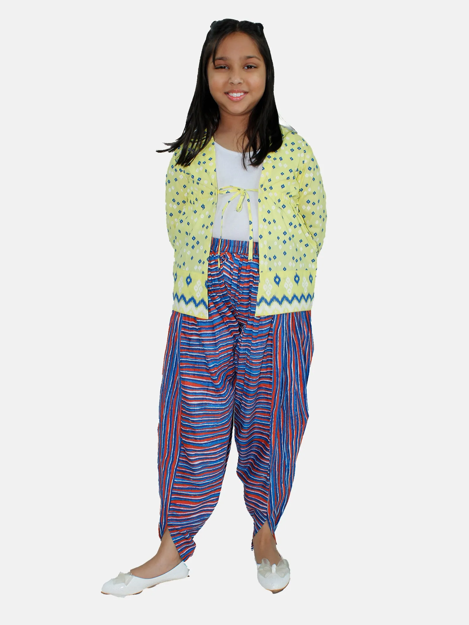 Girls Ethnic Tie up Shrug & Printed Harem Pant Set