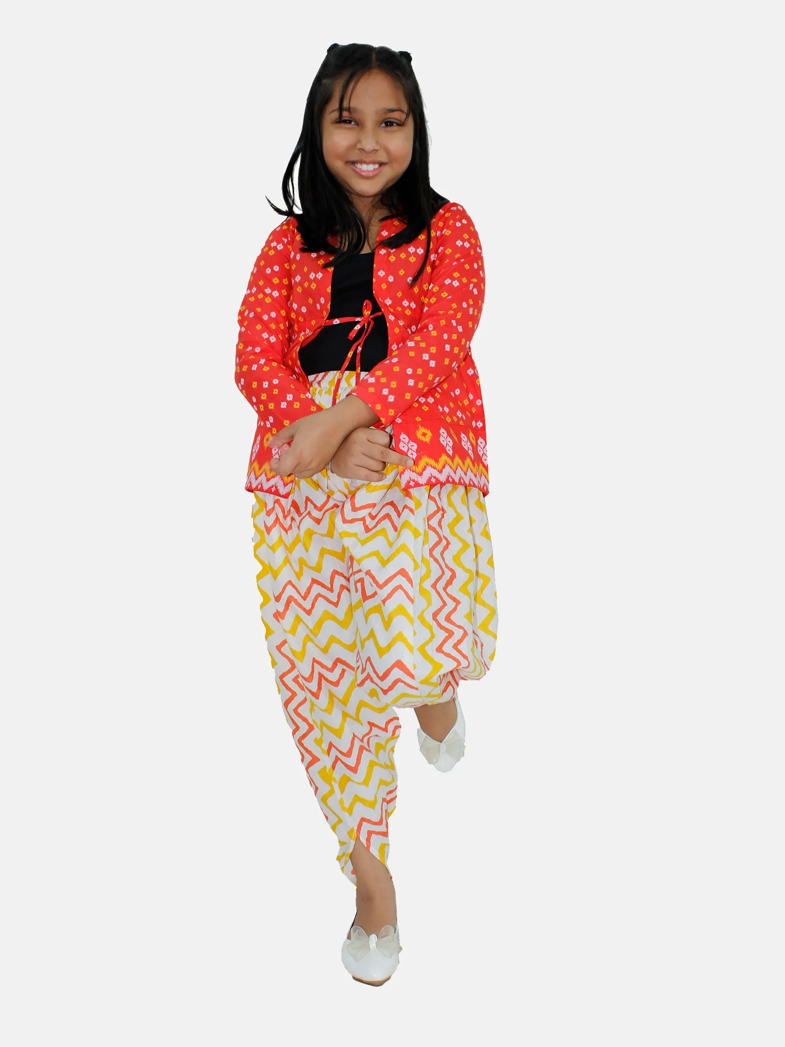 Girls Ethnic Tie up Shrug & Printed Harem Pant Set