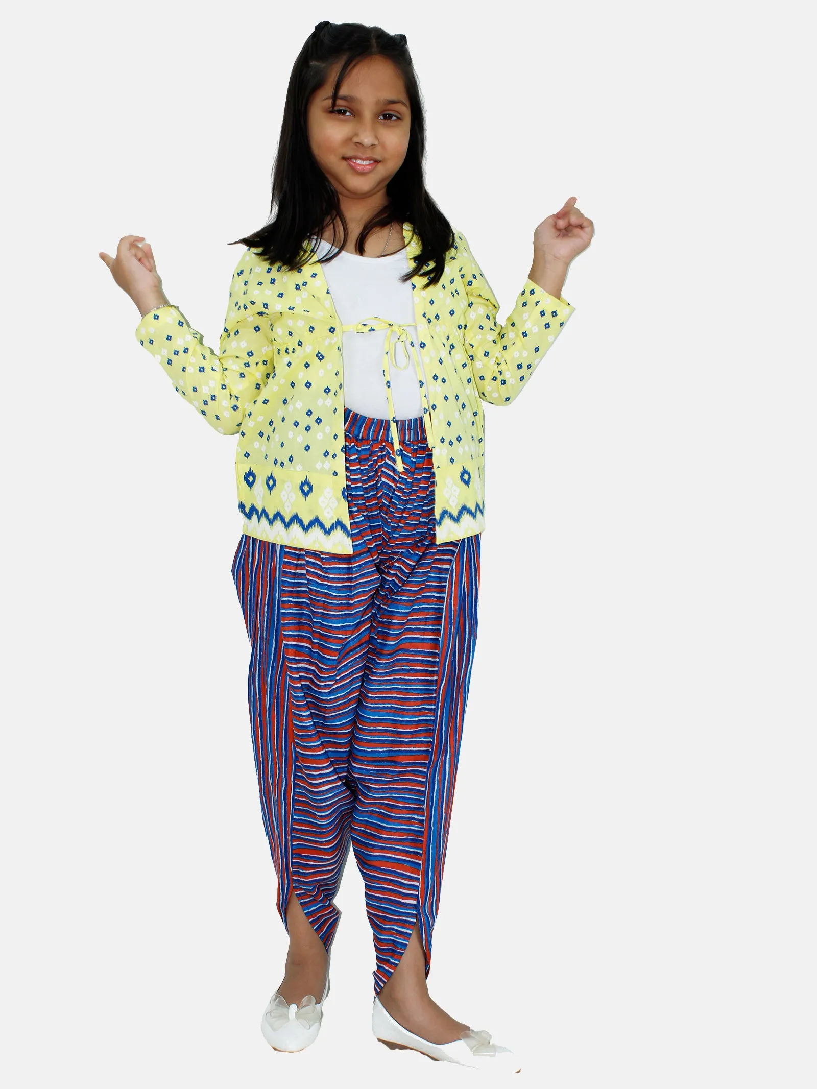 Girls Ethnic Tie up Shrug & Printed Harem Pant Set