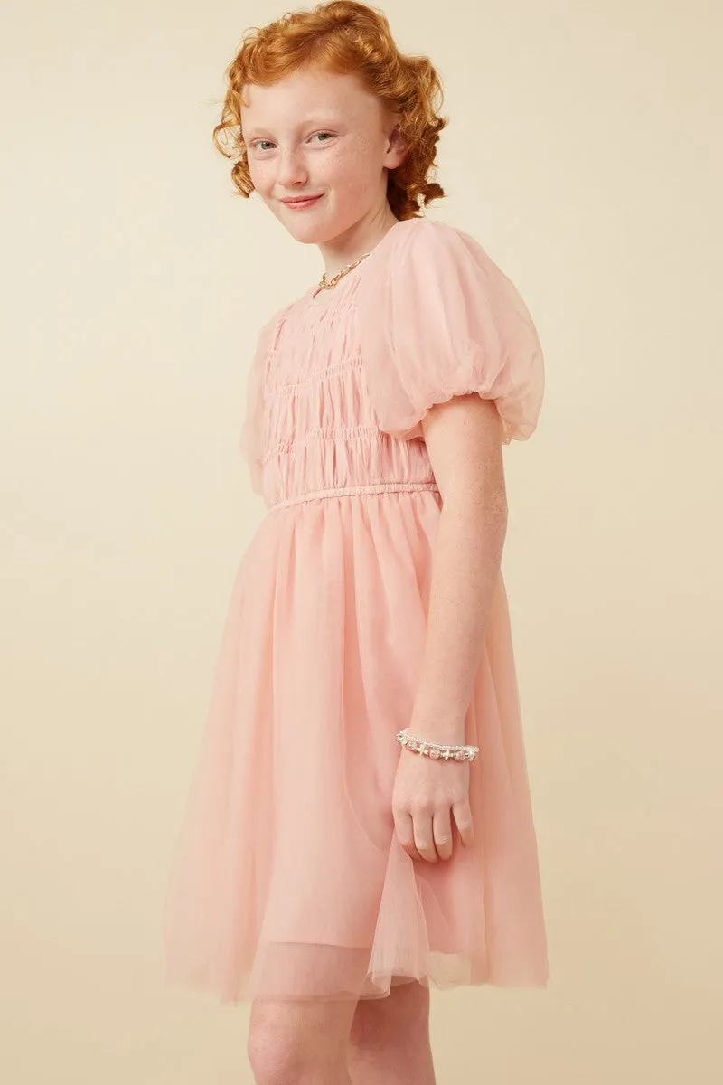 Girls Smocked Puff Sleeve Mesh Dress