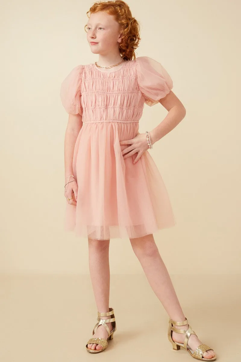 Girls Smocked Puff Sleeve Mesh Dress