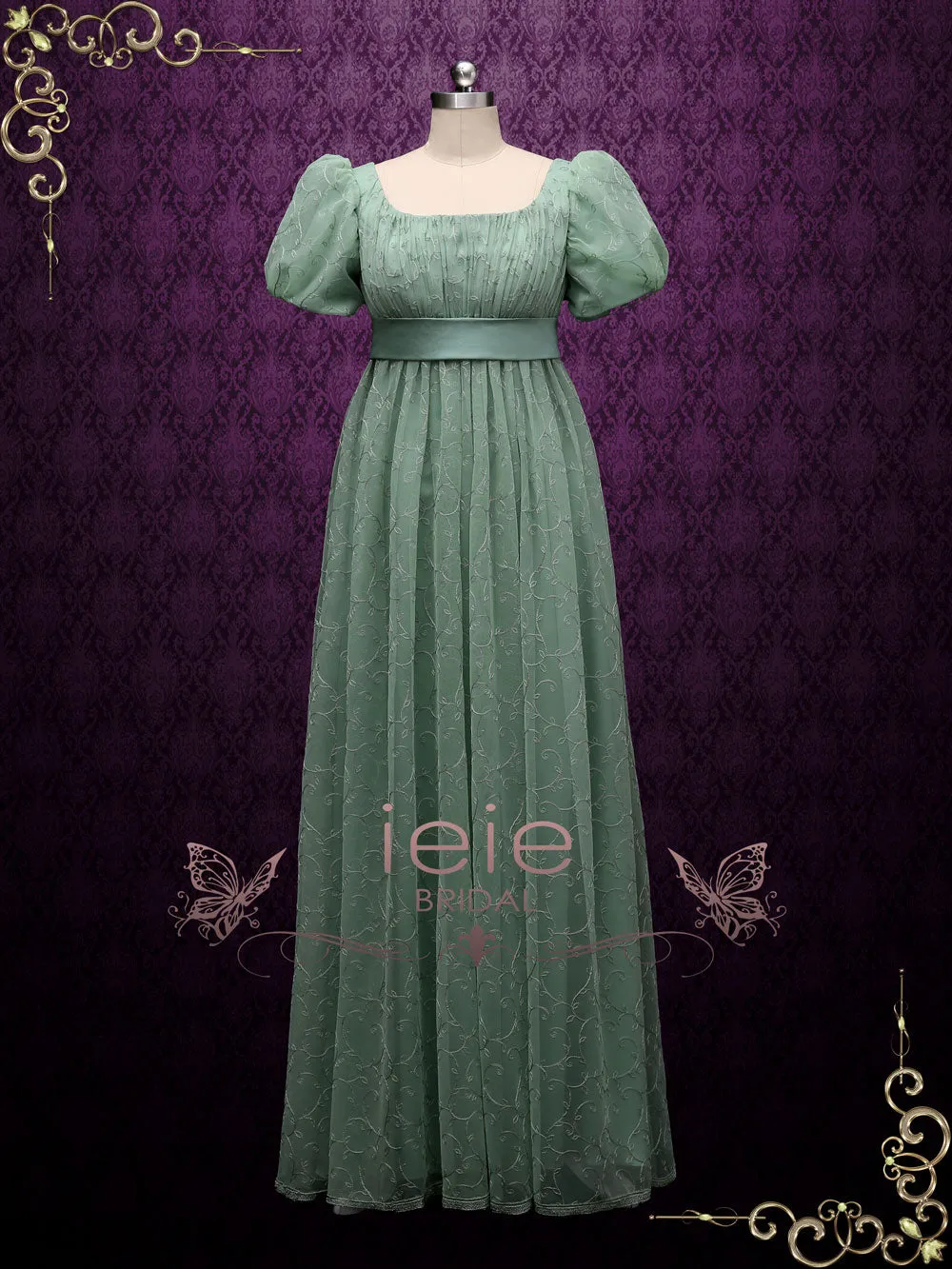 Green Regency Style Empire Dress with Floral Lace JOANNE