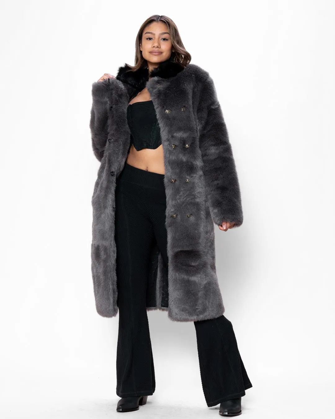 Grey Fox Calf Length Faux Fur Coat | Women's