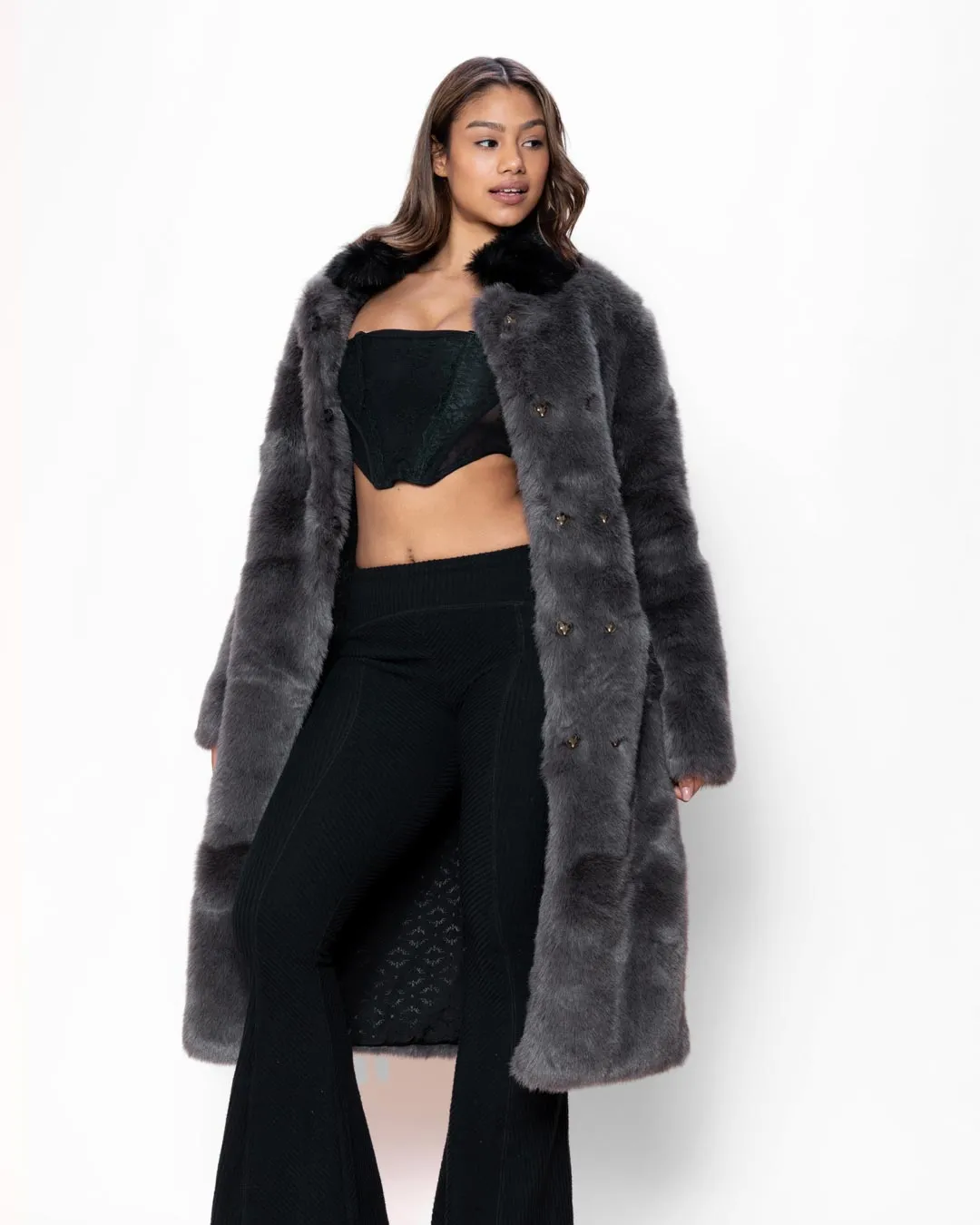 Grey Fox Calf Length Faux Fur Coat | Women's