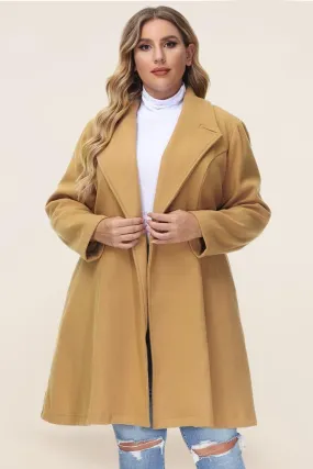 HN Lapel Collar Overcoat Long Sleeve Defined Waist A-Line Coat