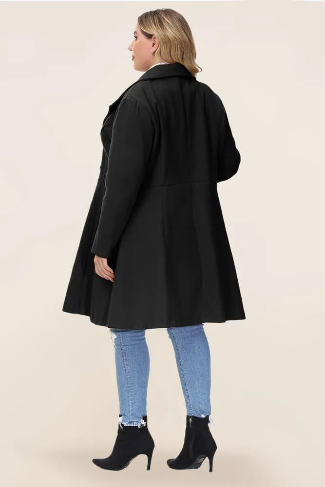 HN Lapel Collar Overcoat Long Sleeve Defined Waist A-Line Coat