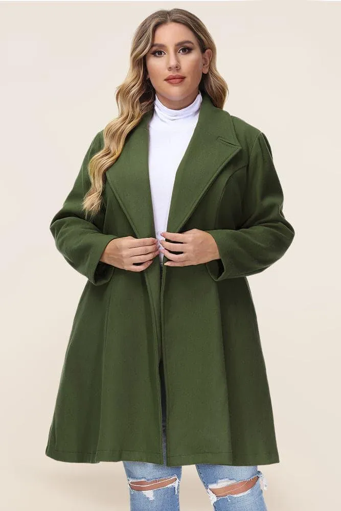 HN Lapel Collar Overcoat Long Sleeve Defined Waist A-Line Coat