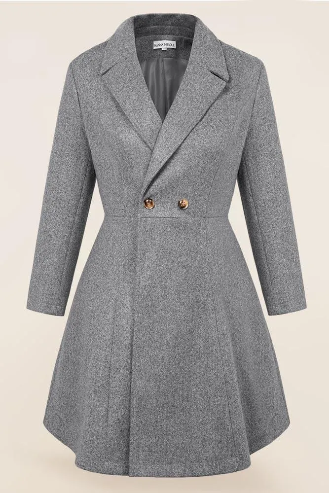 HN Lapel Collar Overcoat Long Sleeve Defined Waist A-Line Coat