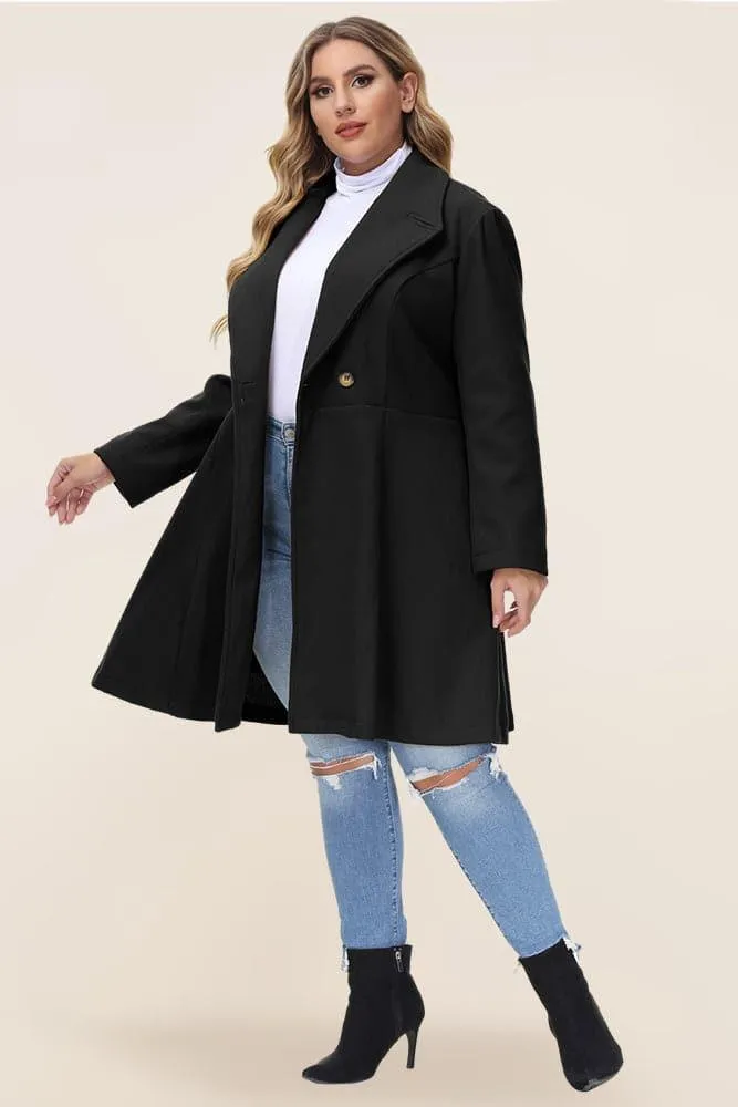 HN Lapel Collar Overcoat Long Sleeve Defined Waist A-Line Coat