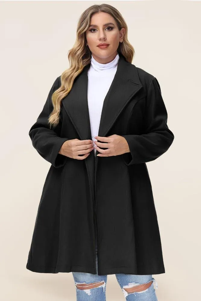 HN Lapel Collar Overcoat Long Sleeve Defined Waist A-Line Coat