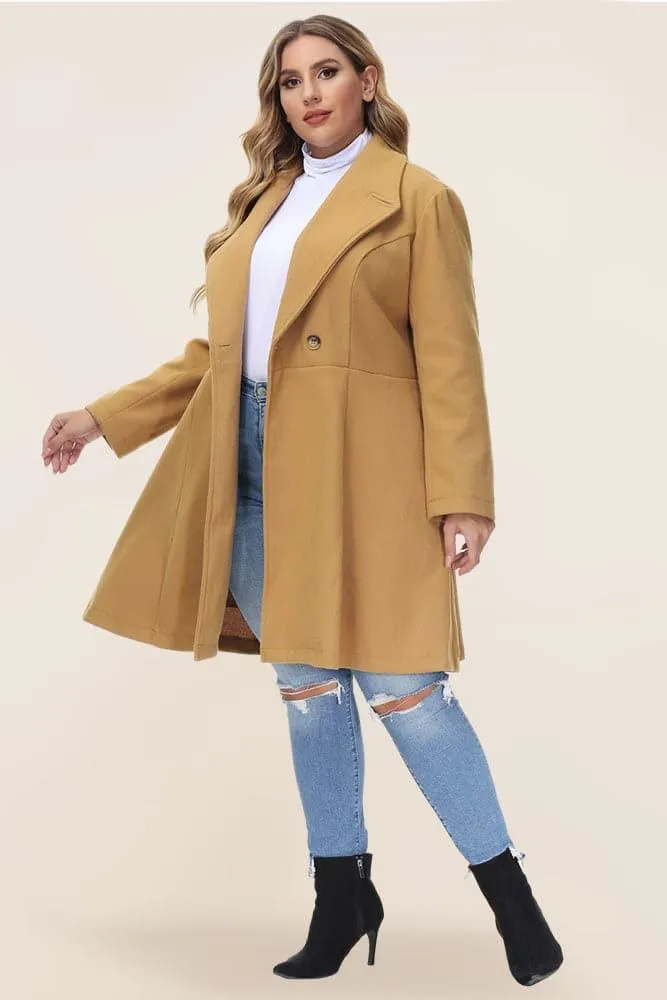 HN Lapel Collar Overcoat Long Sleeve Defined Waist A-Line Coat