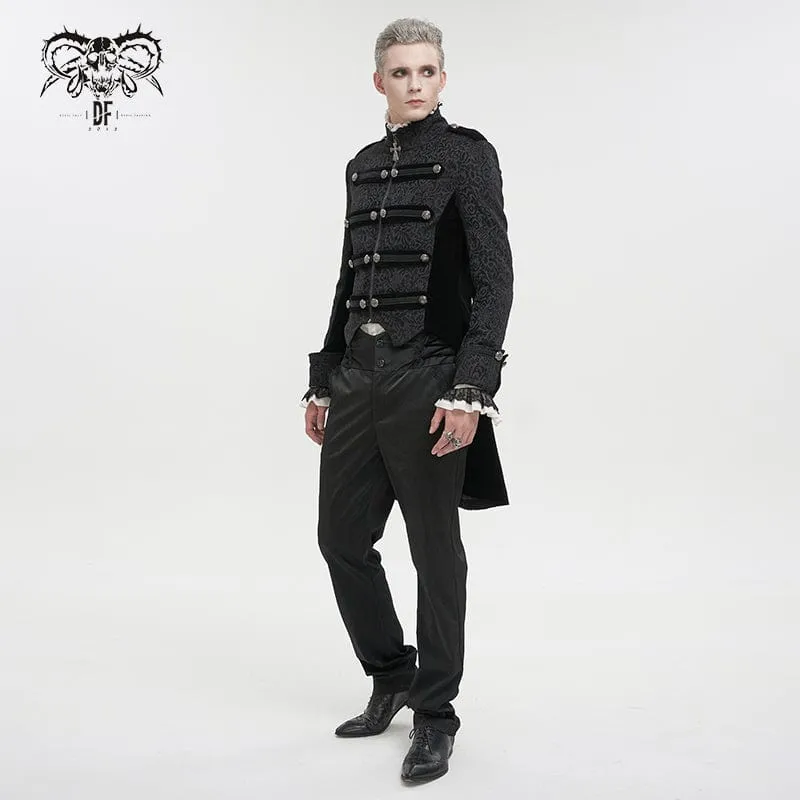 Men's Gothic Stand Collar Embossed Swallow-tailed Coat Black