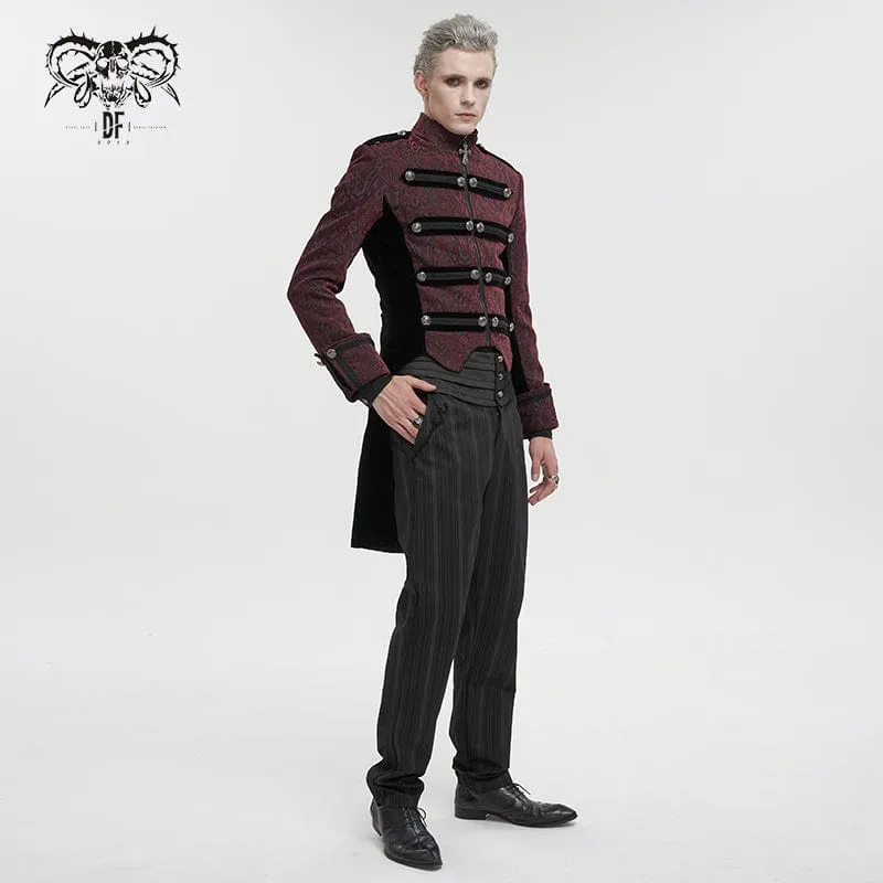 Men's Gothic Stand Collar Embossed Swallow-tailed Coat Red