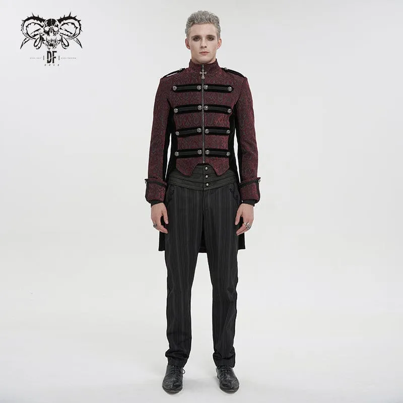 Men's Gothic Stand Collar Embossed Swallow-tailed Coat Red