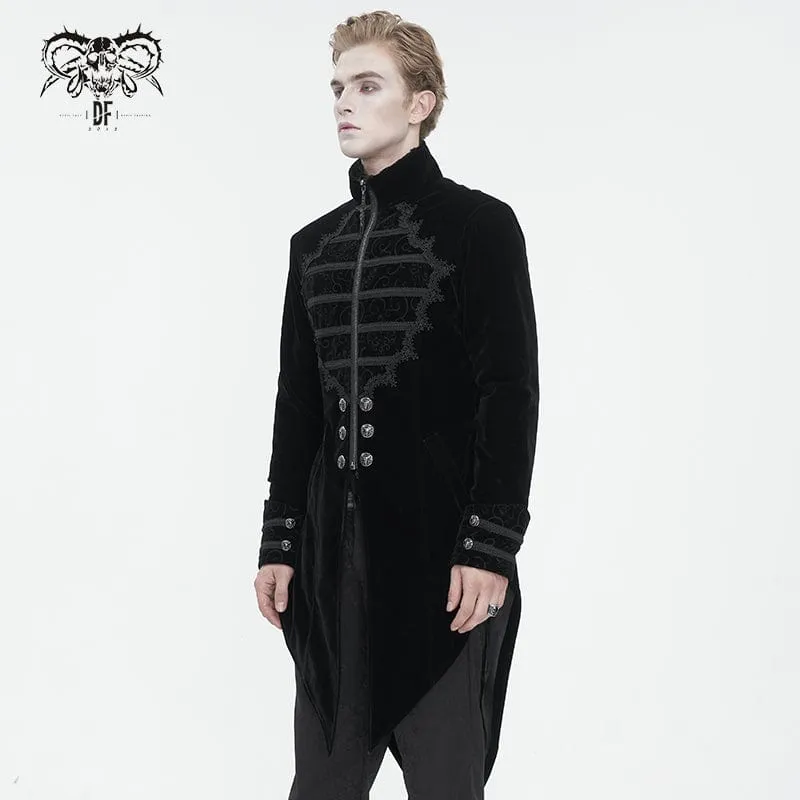 Men's Gothic Stand Collar Lace Splice Swallow-tailed Coat Black